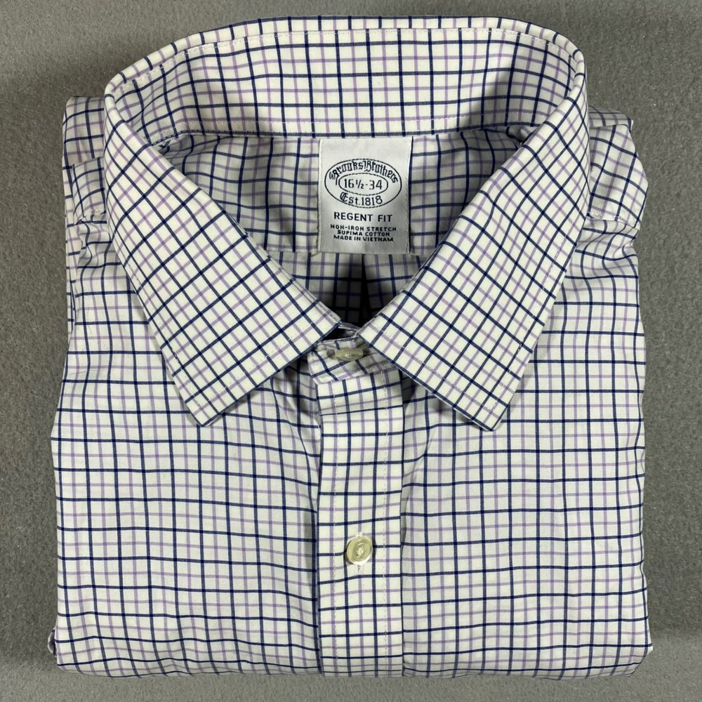 Brooks Brothers Regent Fit Non-Iron Stretch Shirt 16.5 34 Blue Purple Check